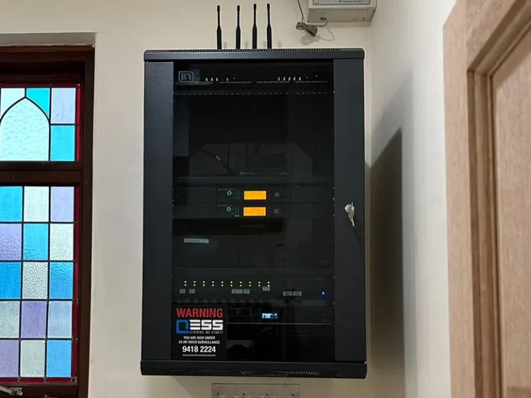 Commercial alarm system installation in Perth featuring a wall-mounted control cabinet configured for business and industrial security environments, supporting compliant design, integration requirements and 24/7 Australian monitoring.