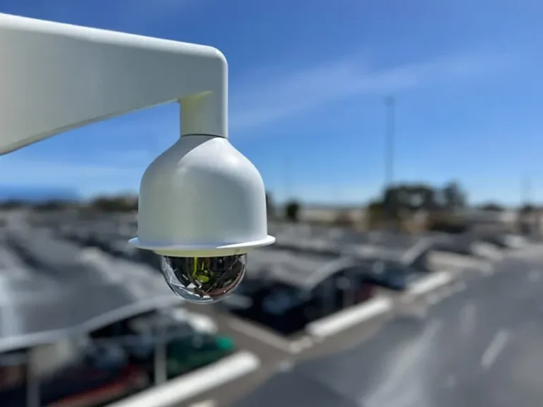 CCTV installation in Perth showing a commercial-grade camera overlooking an industrial site, supporting visibility, incident response and integrated performance across electrical, security and communications infrastructure.