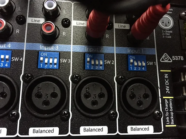 Public address system installation in Perth featuring an XLR audio input and mixer connections, completed to support clear site-wide communication across commercial, industrial and school environments.